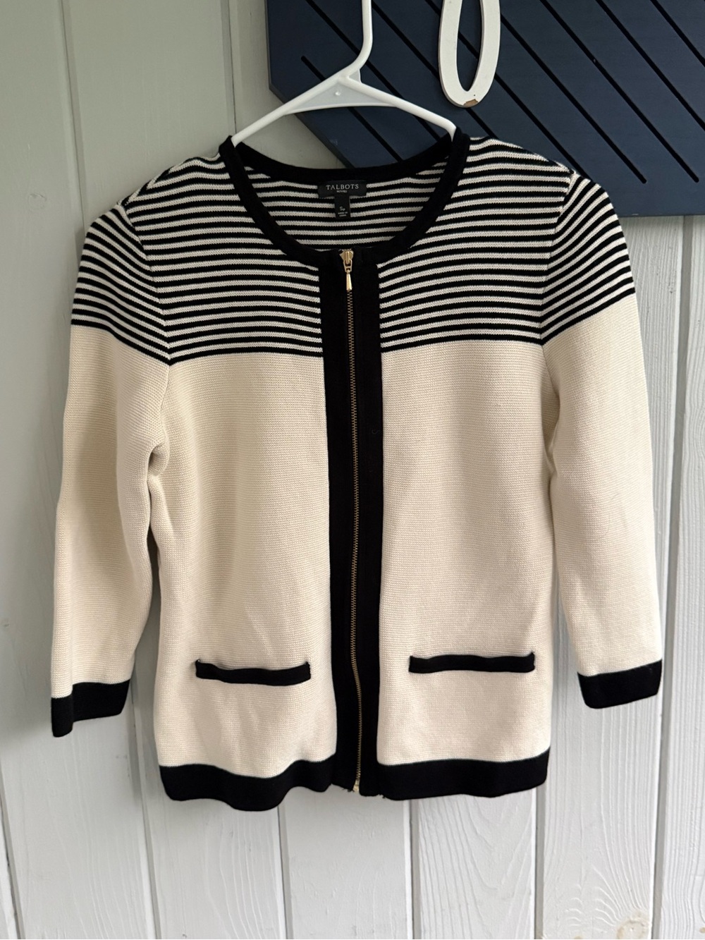 Talbots Black & Cream Striped Knit Cardigan - Picture 2 of 3